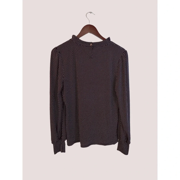 Adrianna Papell Long Sleeve Polka Dot Black White Smocked Ruffle Neck Top M - Picture 4 of 9